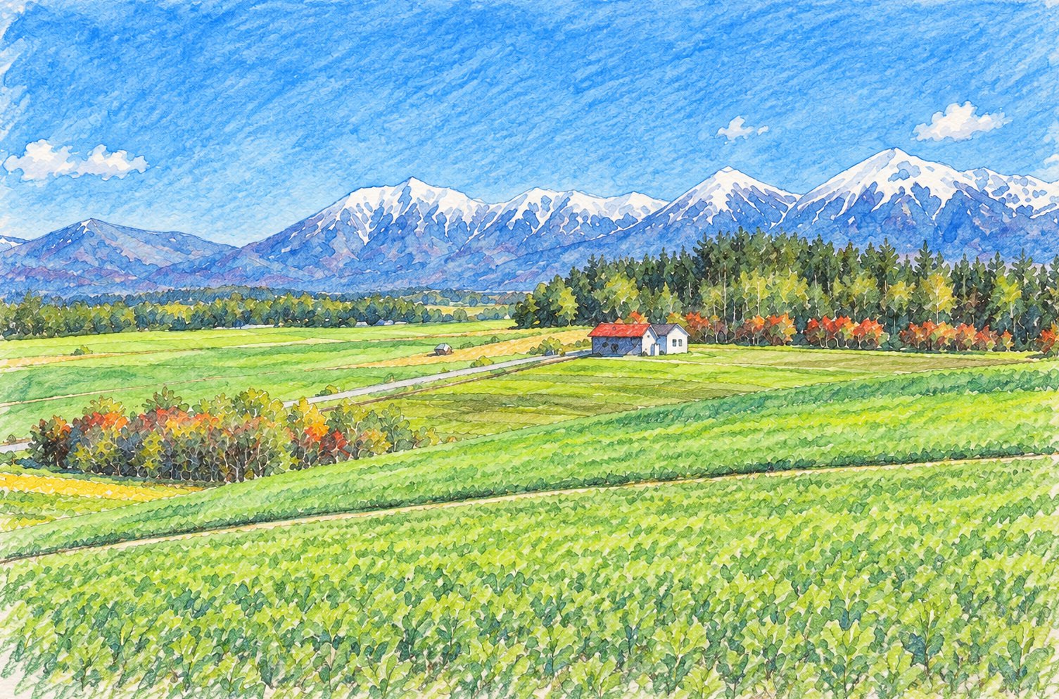 雪をかぶった大雪山と、広がる畑の色鉛筆画