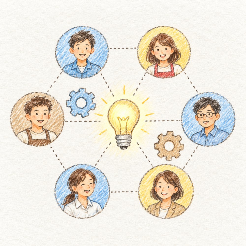 電球を囲んで点線でつながる6人の仲間の色鉛筆画